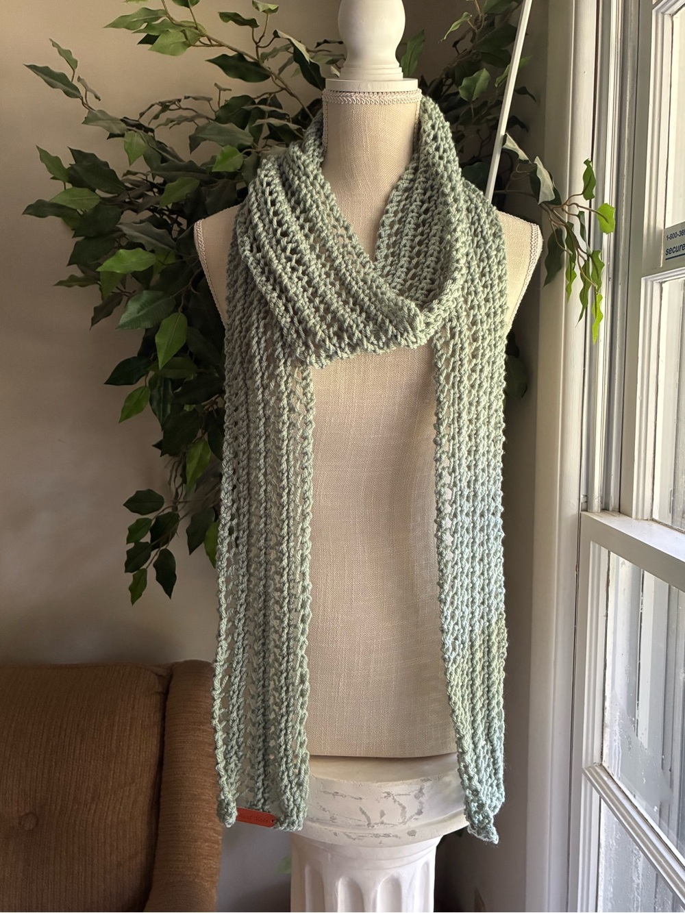 Light Sage openwork Knit Scarf - handmade vegan leather tag